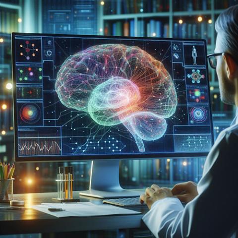 Man sits at large monitor viewing digital image of the brain