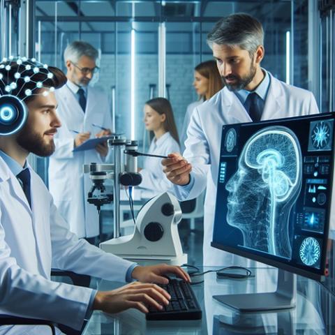 Scientist works with a scientist wearing a head monitor and viewing a monitor of the brain