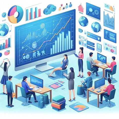 Colorful illustraion of students at desks with two walls of charts and graphs